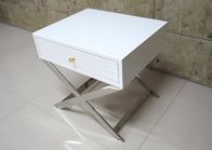 White Painted Gold Hotel Bedside Tables With Polished Metal Base , 60% Sheen