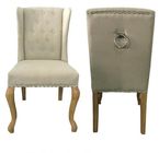Natural oak wood frame with metal ring at back  linen fabric wooden dining chair