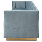 Modern Living Room Blue Velvet Fabric Sofa Stainless Steel Golden Brushed Manhattan Sofa With Wide Channel Tufting with