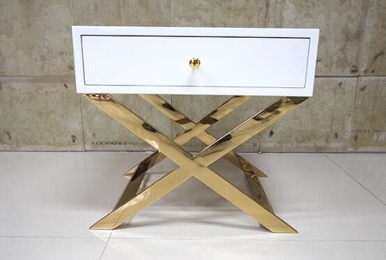 White Painted Gold Hotel Bedside Tables With Polished Metal Base , 60% Sheen