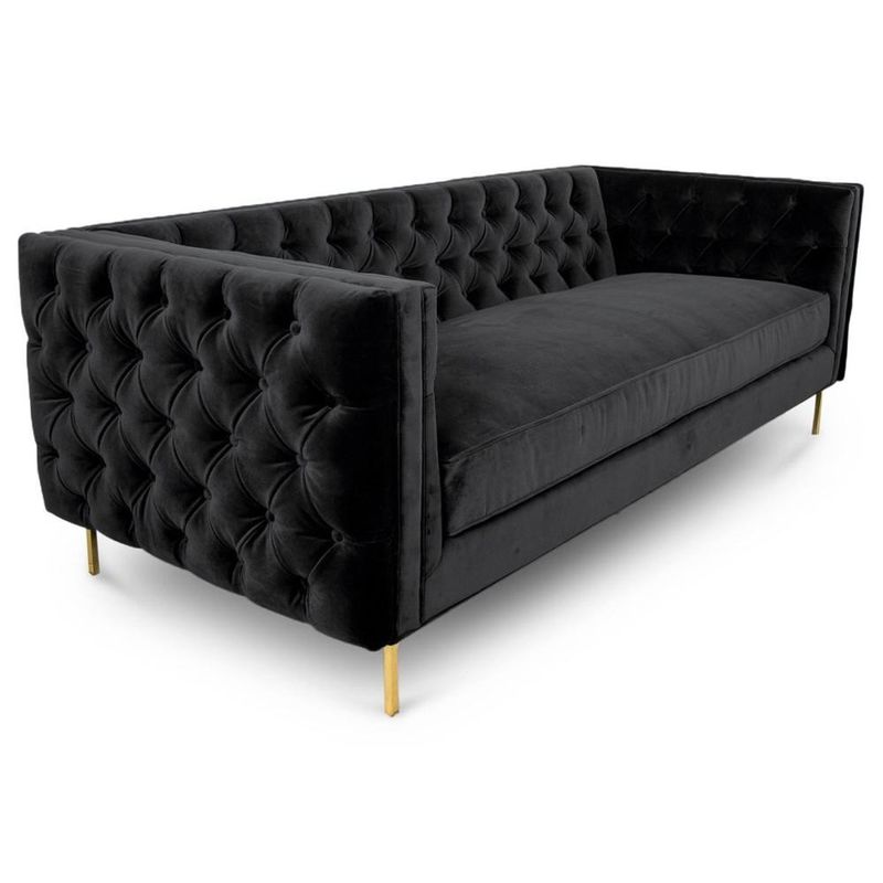 Black velvet fabric button tufted 3 seat sofa with 4 golden brass metal leg for wedding,living room rental sofa