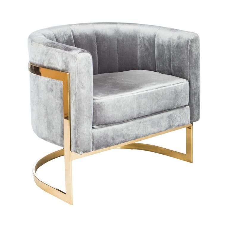 Home furniture Grey velvet Curved Event Furniture Rental Golden Stainless Steel Metal Leisure Single Sofa button tufted