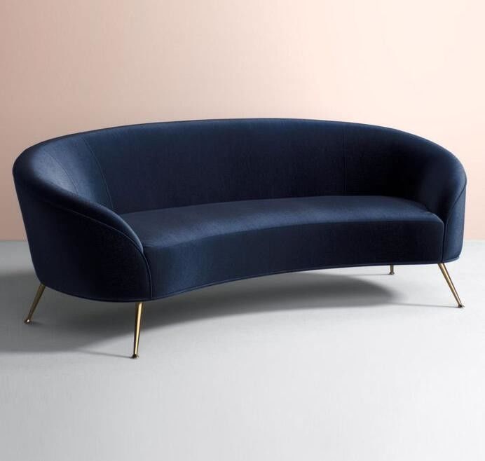 Home furniture blue velvet Fabric Upholstery Furniture Event Furniture Rental Metal Sofa with 4 brass leg In Black Color