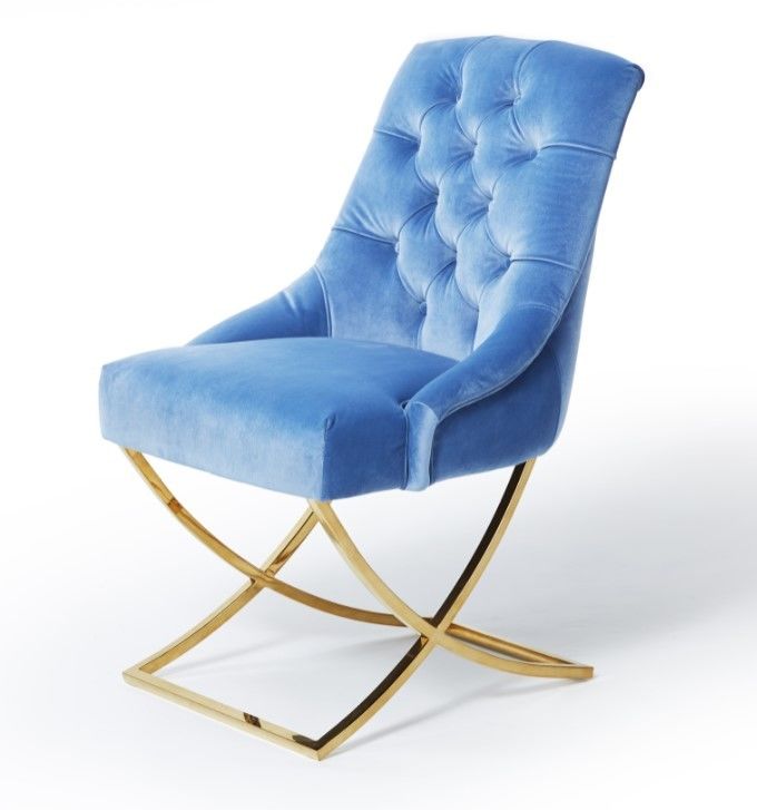 Golden X Cross Metal Legs Furniture Dining Room Chairs Blue Velvet Fabric Button Tufted