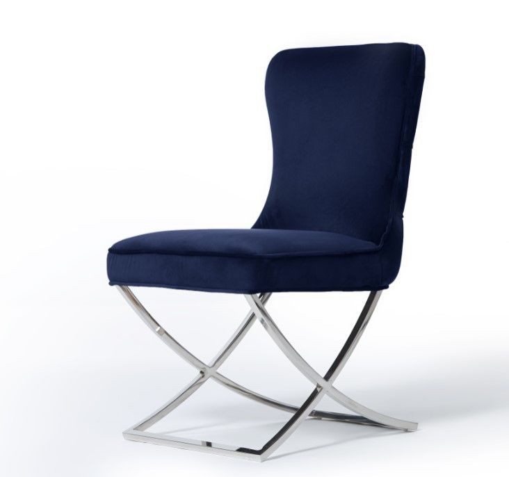 Stainless Steel X Cross Metal Legs Button Tufted Dining Chair Dark Blue Velvet Fabric
