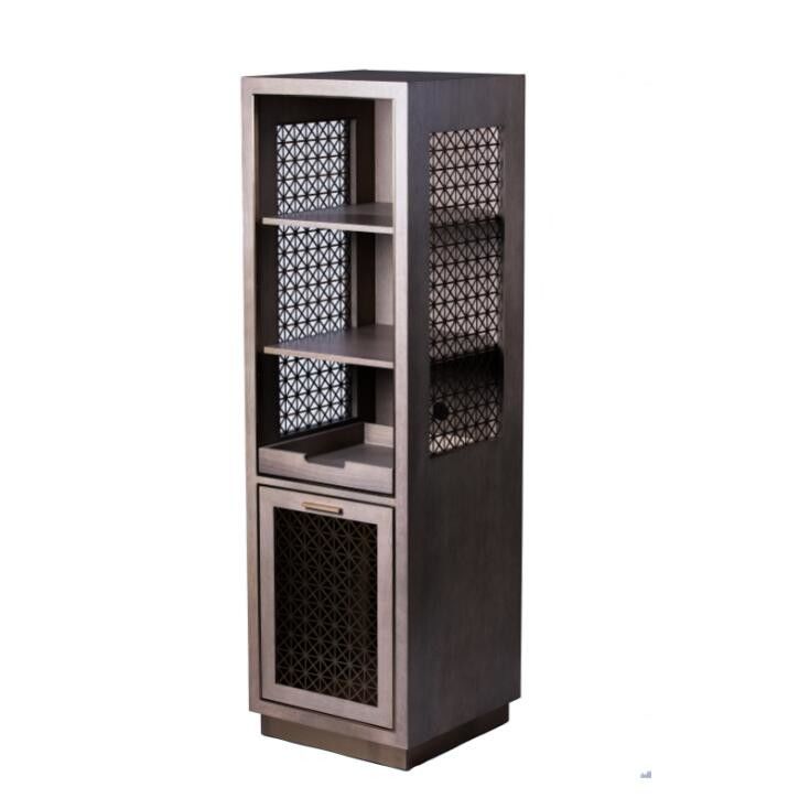 Quarter Cut Oak Wood Veneer With Metal Mesh Side Panel Fridge Cabinet Dry Bar Unit
