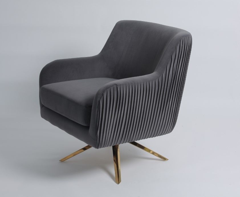 European Grey Velvet Gold Stainless Swivel Accent Chair