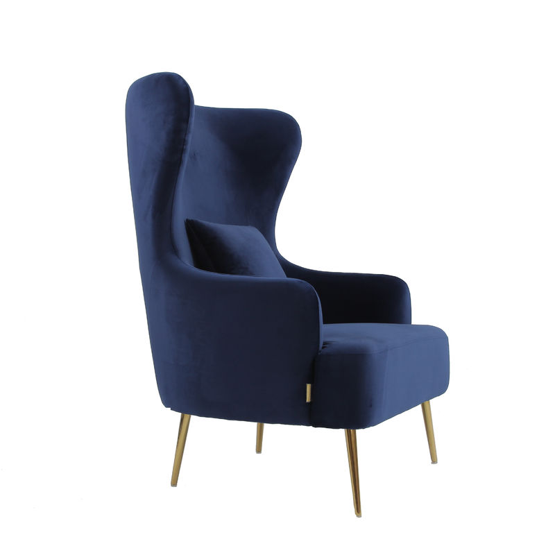 Upholstered Single Blue Velvet Armchair With Metal Leg
