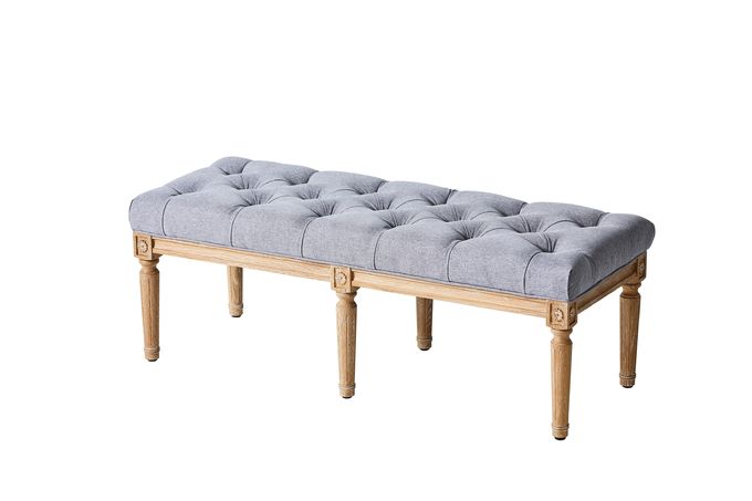 Tufted Linen Fabric Living Room Ottoman Bench Solid Wooden Upholstered 1