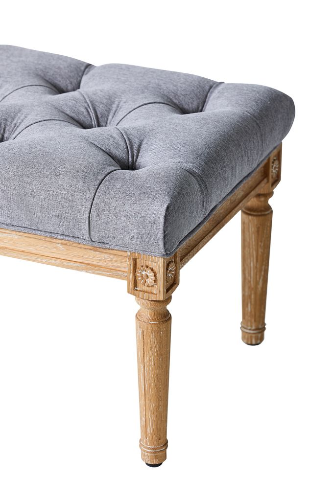Tufted Linen Fabric Living Room Ottoman Bench Solid Wooden Upholstered 0